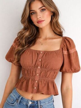 Moon River Peasant Crop Top Elastic Neck & Ruching Crochet Trim Sz S Boho Hippie